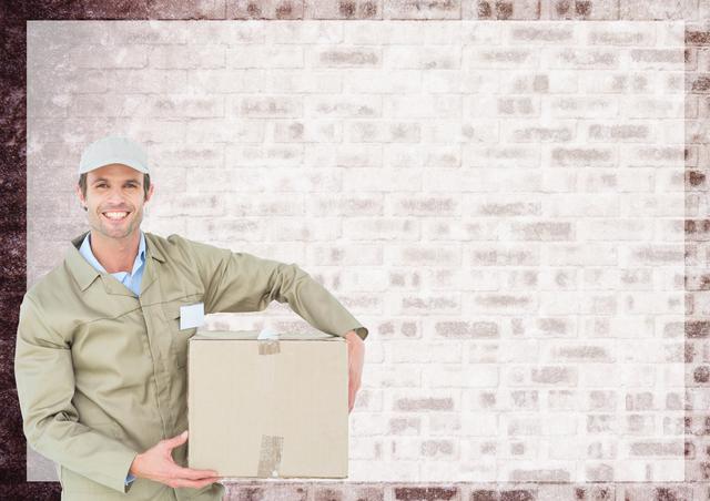 Digital composition of delivery man holding box against wall in background