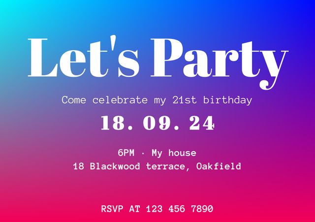 Colorful party invitation with a gradient background, highlighting details for a 21st birthday celebration. Great for use in party planning, event invitations, and birthday announcements. Text includes date, time, and location information.