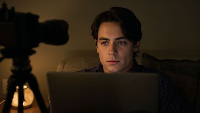 Young man working late on laptop while recording with camera on tripod in cozy living room