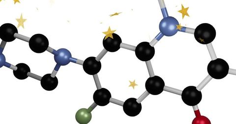 Ball-and-stick molecule floating with gold star confetti