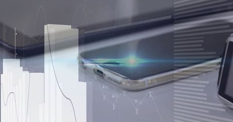 Smartphone Metal Frame on Desk with Digital Analytics Overlay and Smartwatch Lens Flare