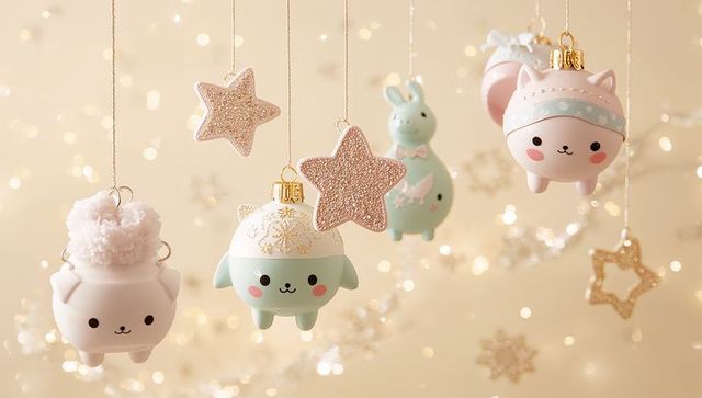 Pastel Animal Baubles Hanging with Glitter Stars Snowflake Details Soft Beige Bokeh