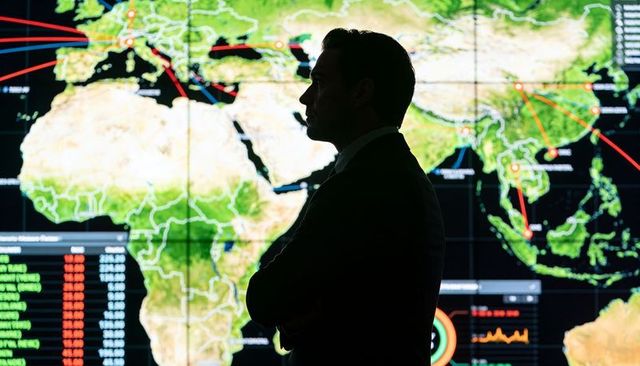 Executive silhouette monitoring global network map in control room with data dashboards and analytic