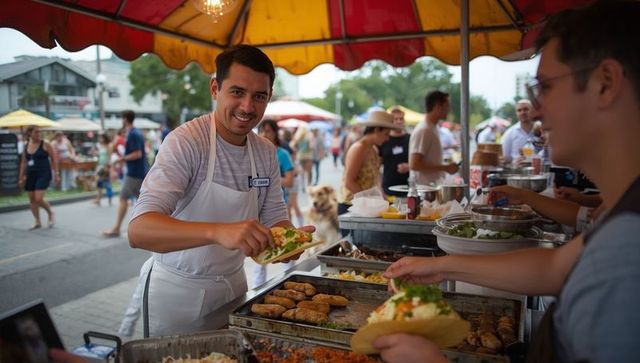 Attentive vendor assembling fresh tortilla wrap at bustling street market