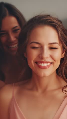 Smiling woman opening eyes and shifting while friend laughing in warm soft-light vertical video