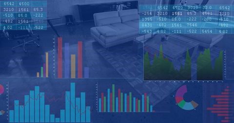 Displaying financial charts overlaying modern office lounge with sofas and coffee table