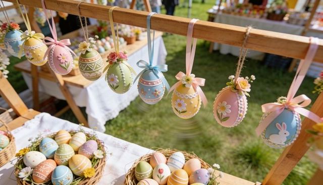Hanging Pastel Easter Eggs with Ribbons and Flowers at Outdoor Craft Market Stall