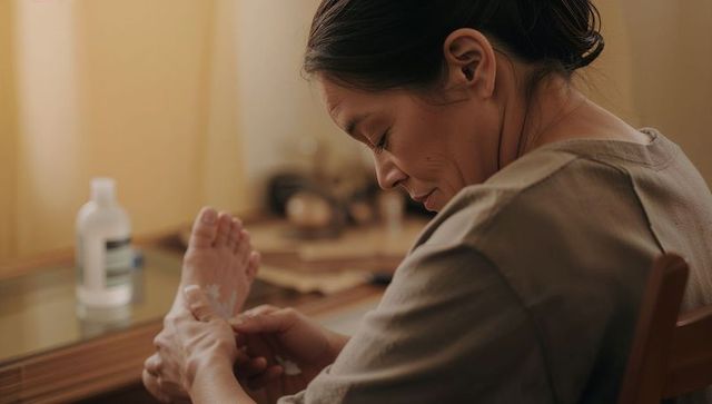 Asian woman applying foot cream at home dresser relaxing self-care massage ritual