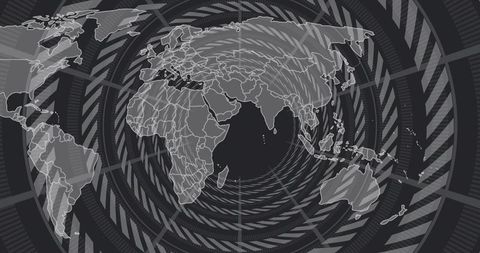 Displaying centered world map projection with concentric rings and spiral HUD dashboard