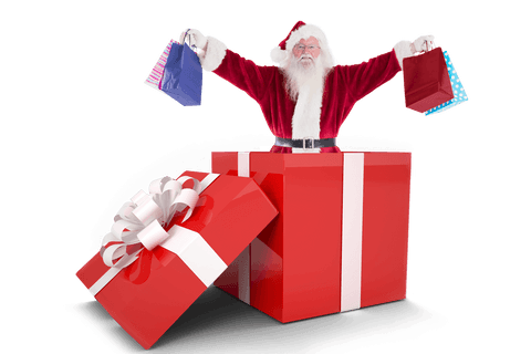 Transparent Santa Standing Inside Giant Wrapped Gift Box with Shopping Bags