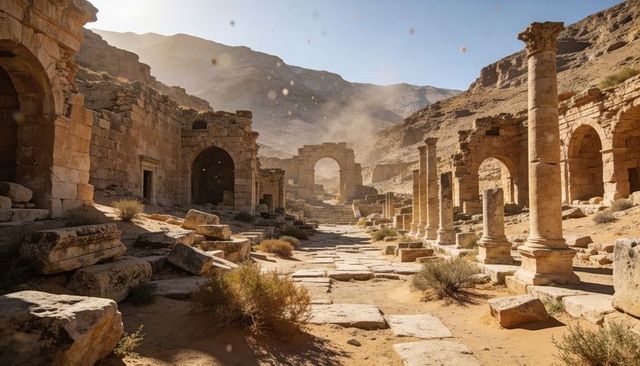 Sunlit ancient colonnaded avenue leading through desert canyon ruins toward stone arch