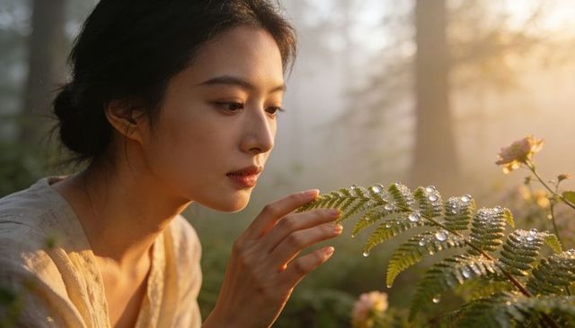 Asian woman gently reaching for dewy fern frond in sunlit misty forest morning
