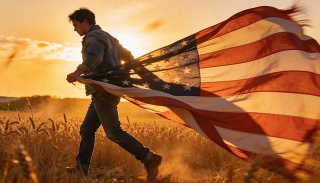Striding adult man carrying american flag through golden wheat field at sunset