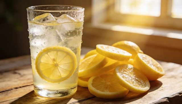 Sparkling lemonade with ice and lemon wheels on rustic wood table at golden hour