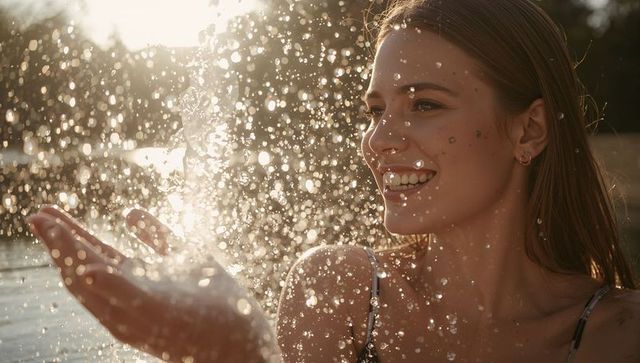 Golden hour smiling woman splashing water by lakeside with sparkling droplets