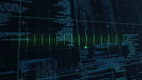Visualization of digital data processing on a dynamic grid interface with glowing markers, enhancing themes of global computing and cybersecurity. Useful for illustrating technology, networking, and software development concepts in presentations, websites, or educational materials.