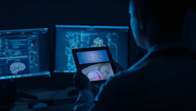 Neuroscientist comparing brain scans on tablet and dual monitors for ai diagnostics