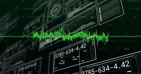 Neon-green waveform displaying over futuristic holographic data hud with numeric readouts
