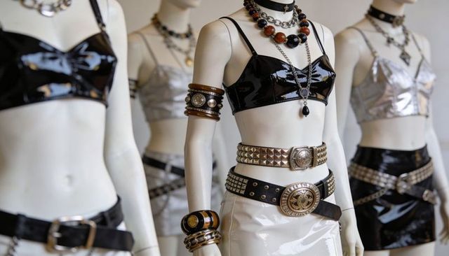Punk glam boutique mannequin display showcasing studded belts, glossy bralette looks