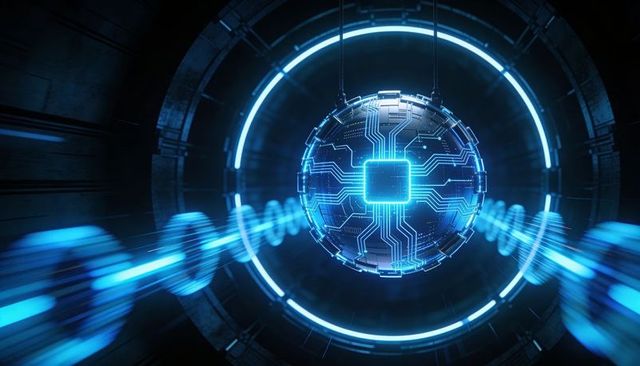Glowing cybernetic core processing data in neon ring reactor emitting pulsing blue waves