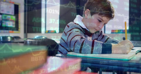 Boy in Classroom with Trading Overlay Showing Education and Investment