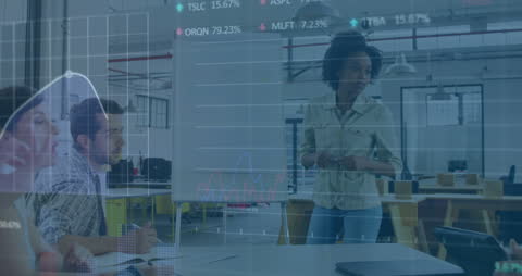 Businesswoman Presenting in Modern Office with Virtual Data Overlay