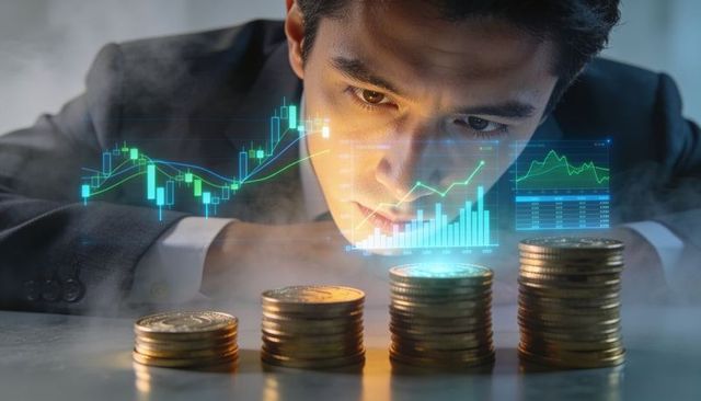Focused asian investor analyzing coin stacks with holographic financial charts