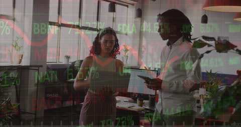 Diverse Colleagues Discussing Business with Stock Market Overlay