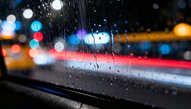 Raindrops streaking on car window at night with neon light trails and bokeh