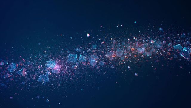 Iridescent crystal shards flowing diagonal stream with prismatic bokeh on deep navy glow