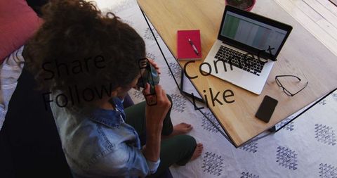 Overhead View Woman Working on Laptop with Social Media Overlay