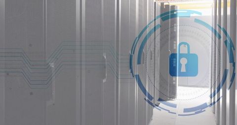 Secure Data Center Corridor with Blue HUD Padlock Overlay Representing Cybersecurity