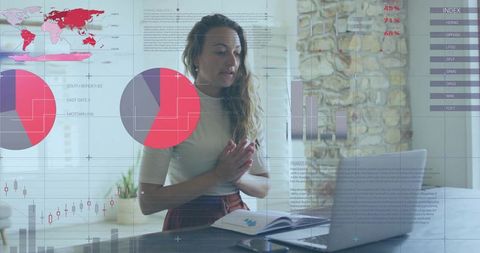 Remote data analysis woman reviewing financial charts on laptop in home workspace