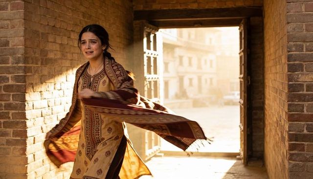 Hurrying woman in printed tunic with flying shawl rushing through sunlit brick archway