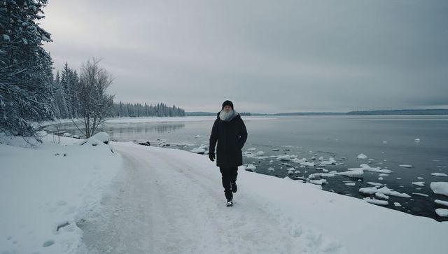 Senior man walking snowy lakeshore with long coat, beanie and icy footprints