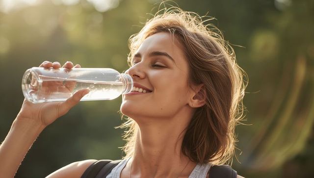 Young woman drinking water from clear bottle during golden hour outdoor workout backlit