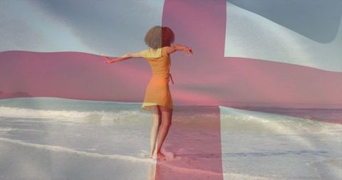 Serene woman stretching arms on pastel beach with red cross overlay, calm waves horizon