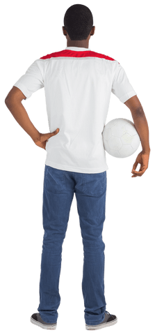 Confident football fan holding ball with transparent background