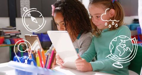 Diverse Schoolchildren Using Tablets with Educational Interface Icons
