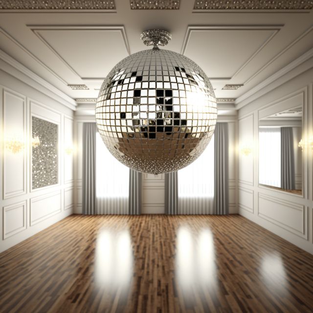 Large disco ball hanging in the center of an opulent ballroom with wood flooring and mirrored walls. The setting is elegant, featuring detailed wall paneling. Light reflections from the disco ball enhance the luxurious ambiance. Ideal for use in content related to premium event spaces, weddings, high-end parties, luxury interiors, and vintage dance settings.
