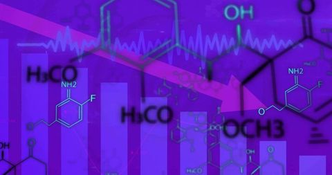 Neon molecular dataviz cutting magenta arrow over barchart and chemical structure overlays