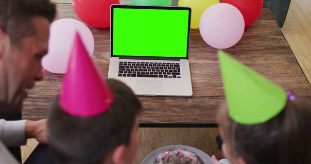 Virtual Birthday Party with Laptop and Party Hats - Download Free Stock Images Pikwizard.com