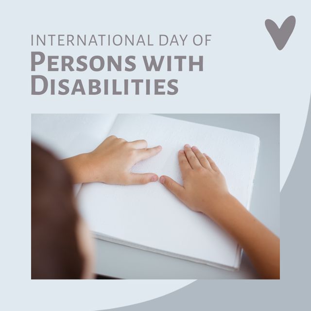 Boy using hands to read braille text emphasizes inclusivity and accessibility for visually impaired children. Image can be used for awareness campaigns, educational materials, and promoting International Day of Persons with Disabilities events or articles.
