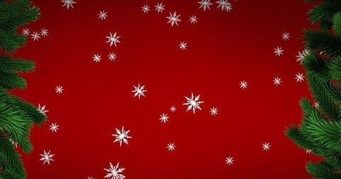Christmas Snowflakes and Pine Branches on Red Background