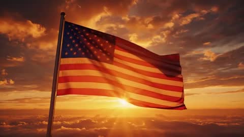 American Flag Billowing at Sunrise over Golden Horizon