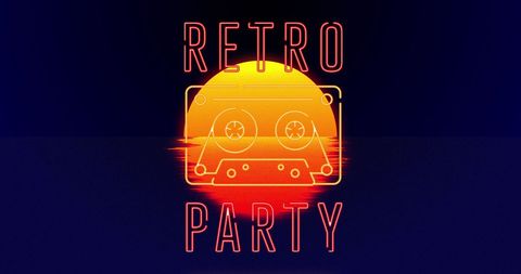 Retro party text with sunset and cassette graphic