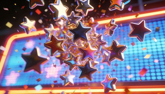 Chrome stars floating over neon led matrix with confetti and stage lighting