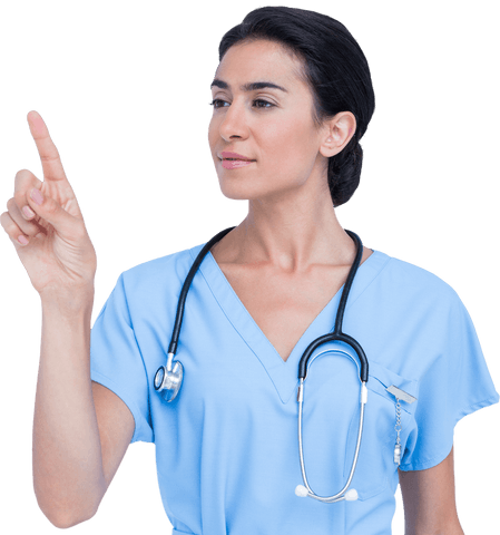 Transparent gesture of female doctor wearing scrubs and stethoscope