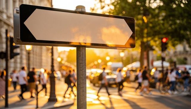 Blank arrow sign pointing through golden hour at busy urban crosswalk