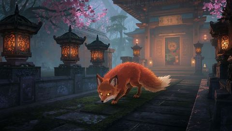 Red fox stalking along moss path toward lantern-lit temple beneath cherry blossoms at twilight